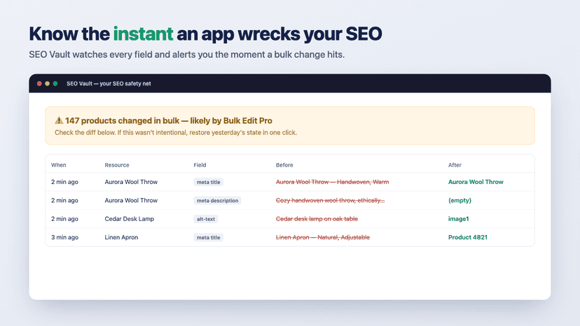 Mass-change alert with a before/after SEO field diff
