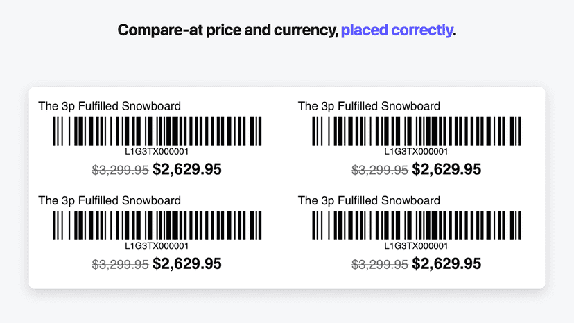 Label with price, compare-at price and localized currency