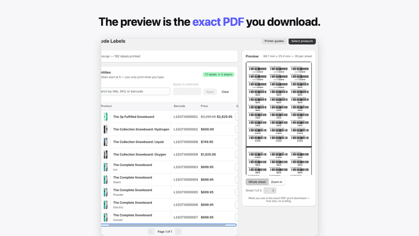 Live preview of a label sheet matching the exact PDF