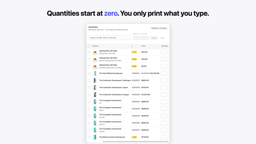 Quantity table with all products starting at zero