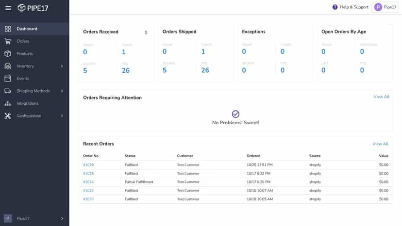 Pipe17 Dashboard Page