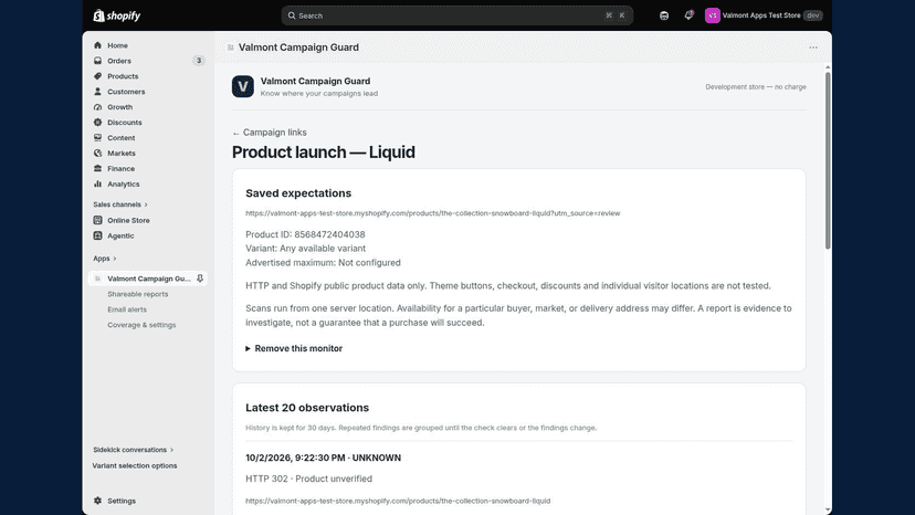 Timestamped evidence and explicit storefront check limitations