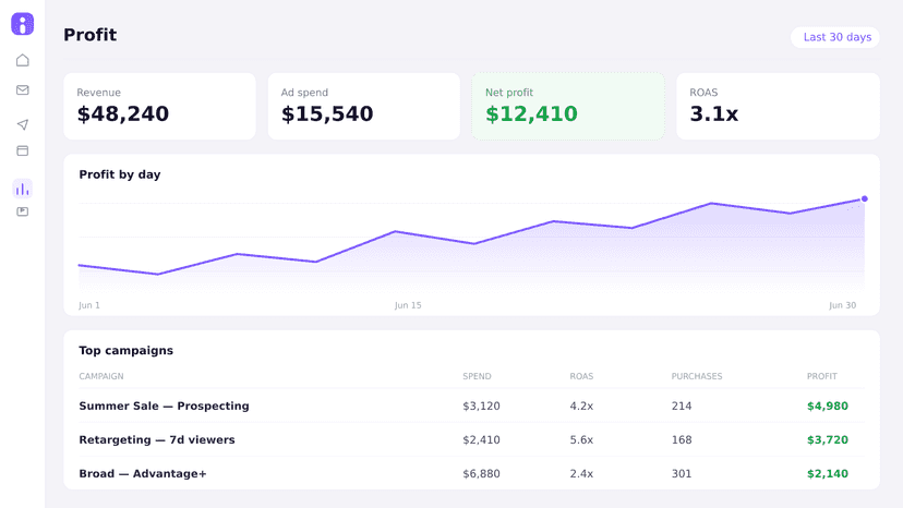 Invox profit dashboard: revenue, net profit, ROAS and campaigns