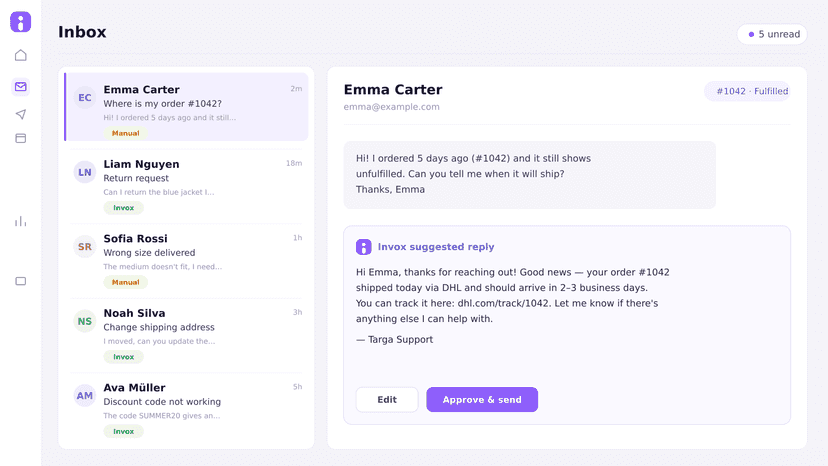 Invox inbox: a customer email with Invox's suggested reply