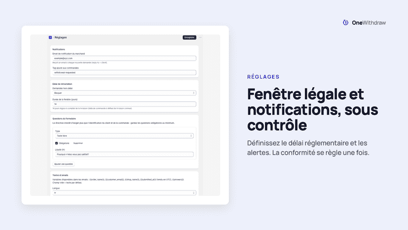 Réglages — fenêtre légale & notifications