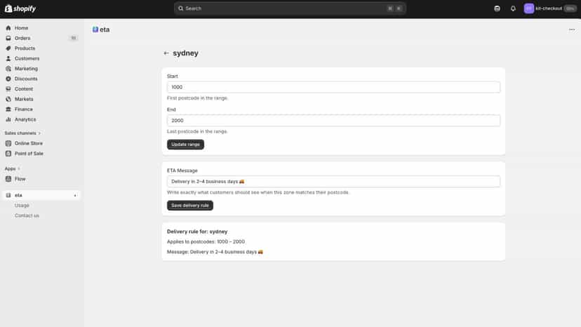 Add postcode ranges and set the ETA message for a zone