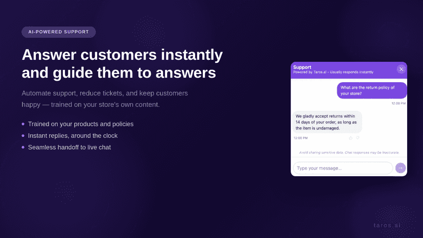 Taros AI chat widget answering a customer question.