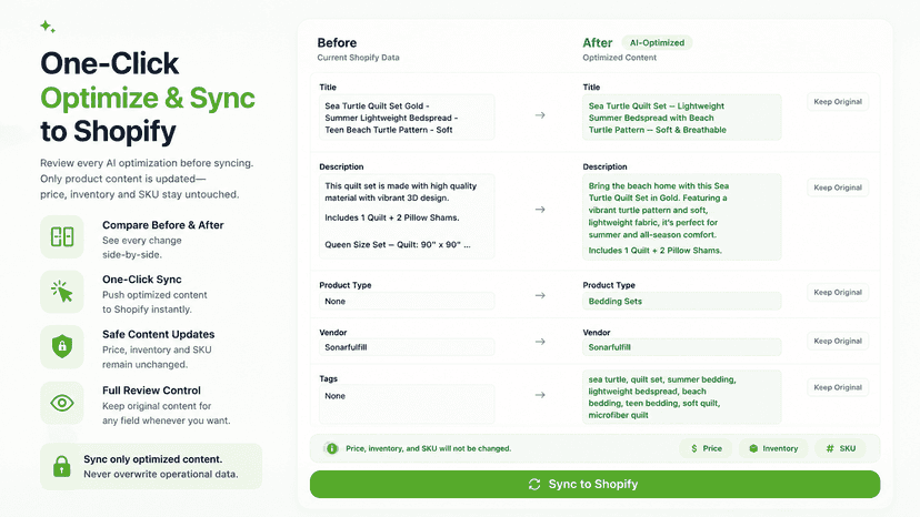 One-Click Optimize & Sync to Shopify