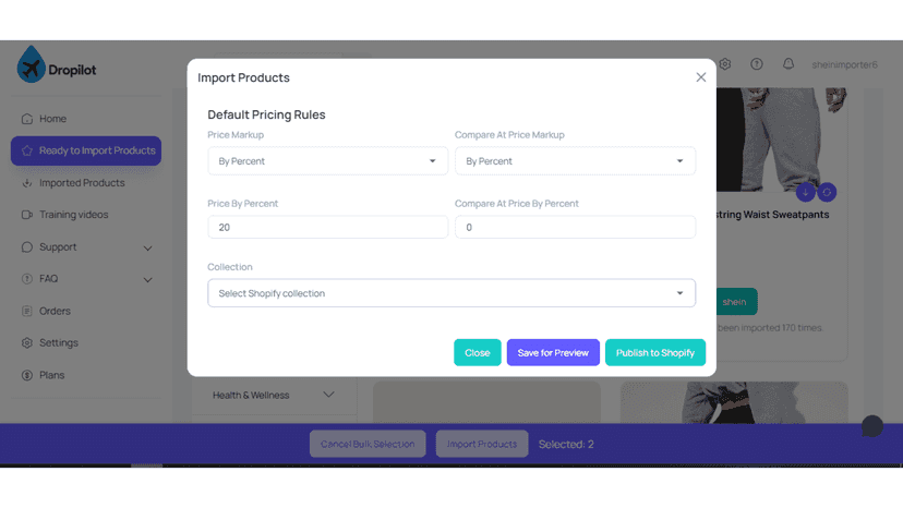 Dropilot modal window for import products.