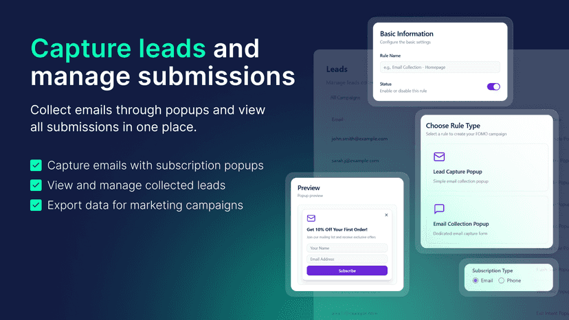 Capture leads with popups, manage submissions, and export data