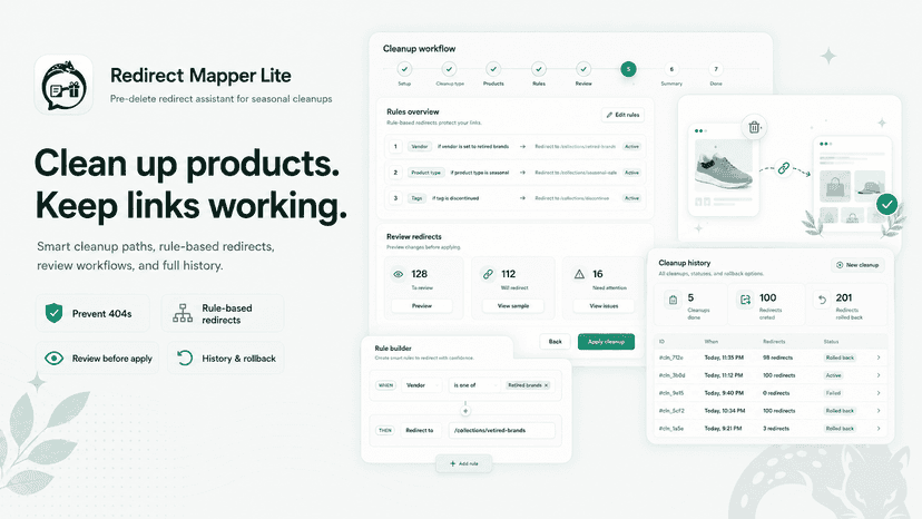Merchant dashboard showing products being retired and redirected