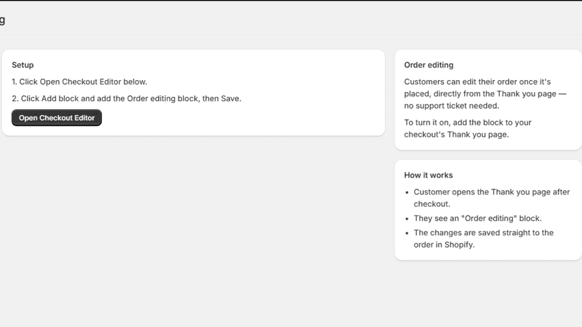 App setup page with checkout editor instructions