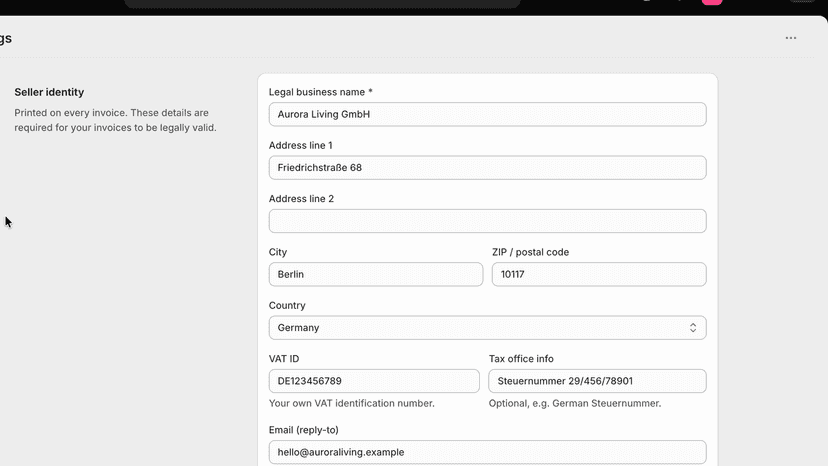 Settings for seller identity, numbering and invoice languages