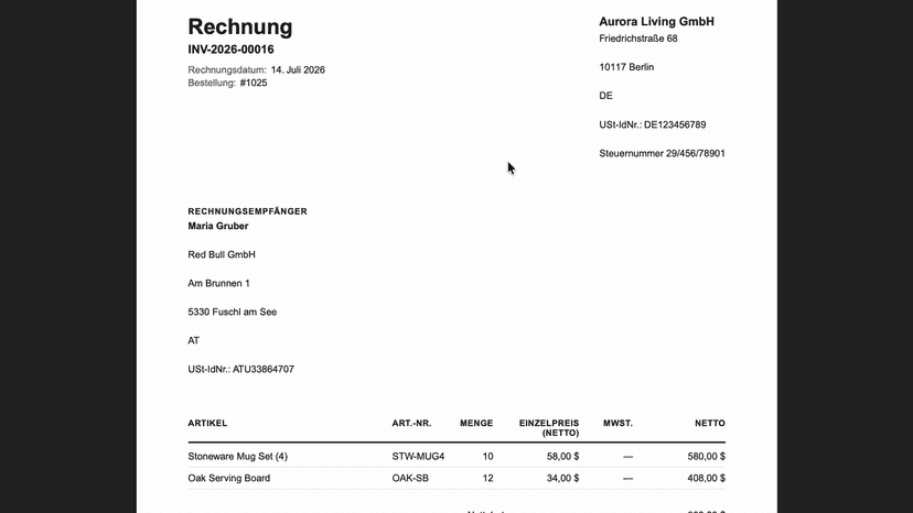 German reverse charge invoice with validated EU VAT ID