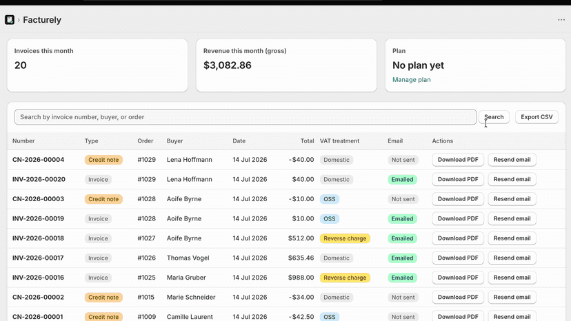 Invoice dashboard with automatic VAT invoices and credit notes