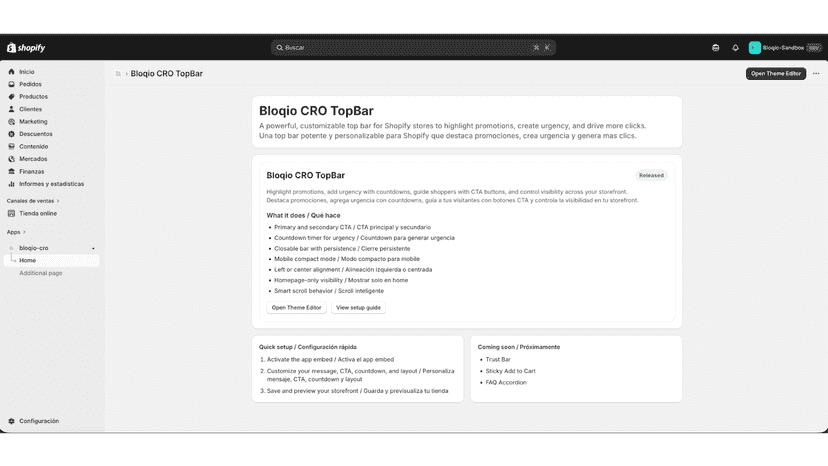 App dashboard with setup guide and top bar overview