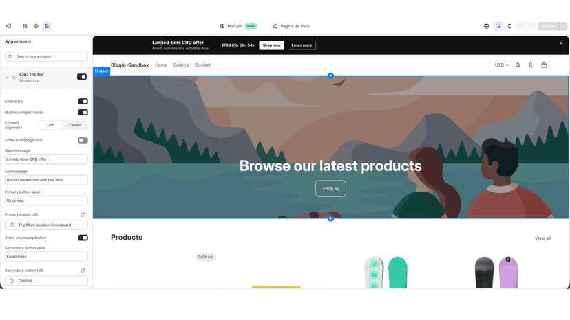 Theme Editor settings for top bar message CTA and countdown