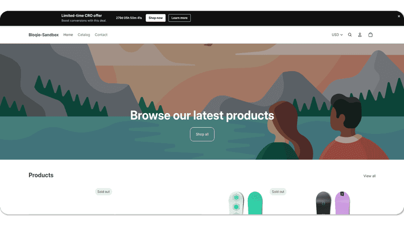 Storefront top bar with CTA buttons and countdown timer