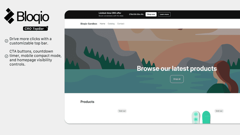 Bloqio CRO TopBar storefront preview with CTA buttons