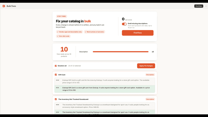 Bulk fix preview with before and after product field changes