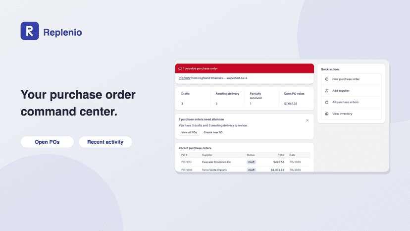 Purchase order dashboard with open POs and recent activity