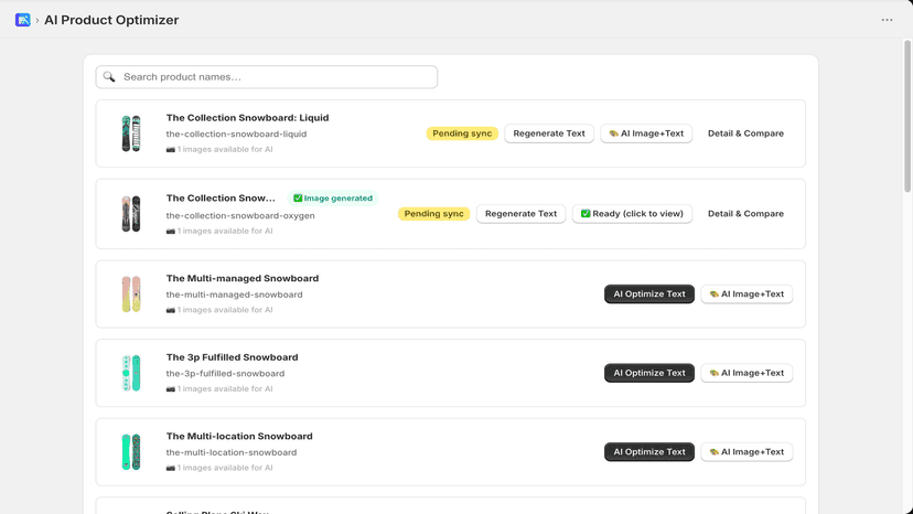 Product list with AI optimization status