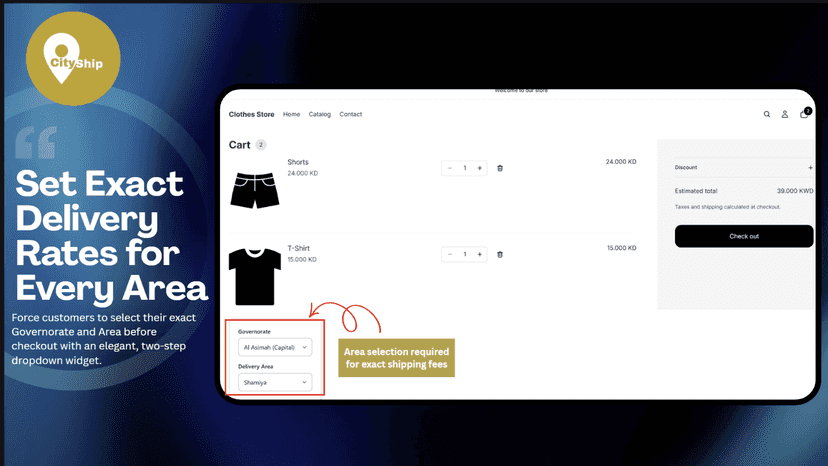 CityShip app requiring area selection for exact delivery rates