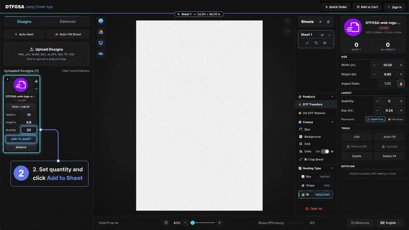 Set quantity for the uploaded design and click Add to Sheet