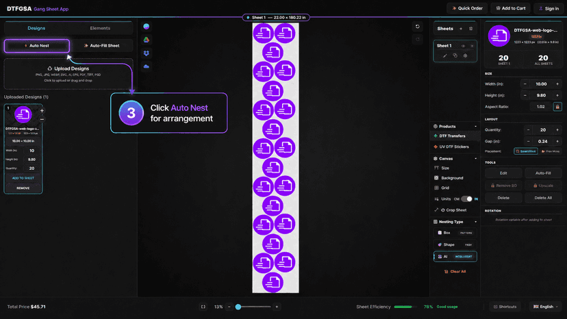 Click Auto Nest to arrange the uploaded designs