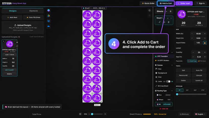 Click Add to Cart and complete the DTF gang sheet order
