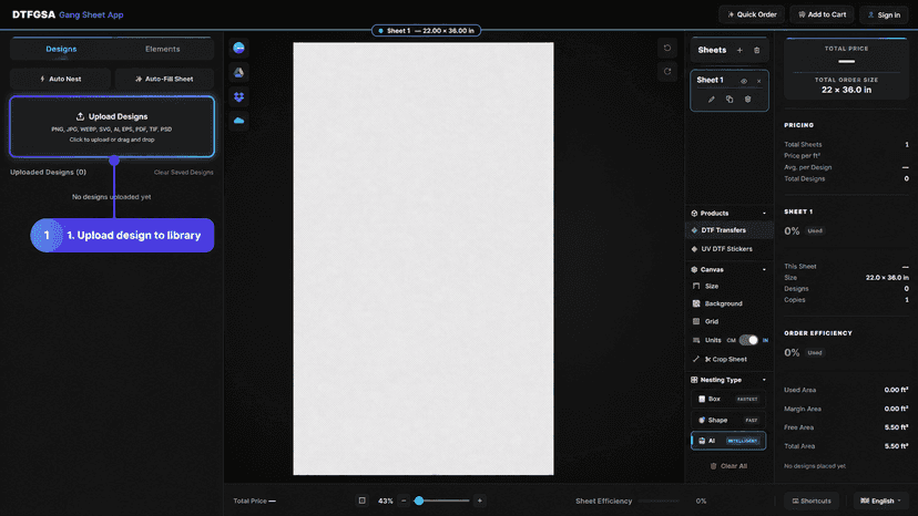 Upload design to DTF gang sheet builder library
