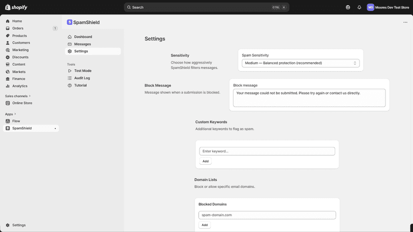 Settings page with sensitivity controls and keyword lists