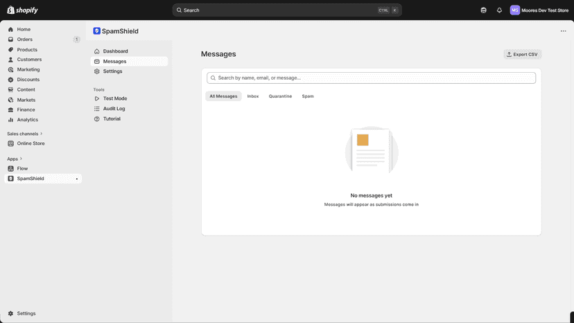 Message review queue with search filters and bulk actions
