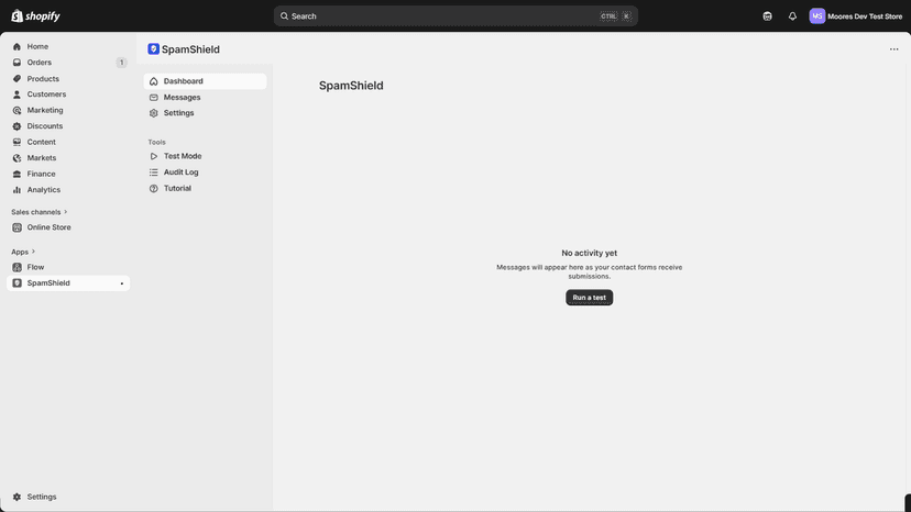 SpamShield dashboard with blocked spam count and trend charts