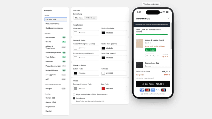 ConDrawer Warenkorb-Drawer mit Trust-Badges und Zahlungs-Icons