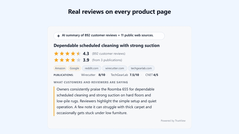 TrueView AI review summary widget on a Shopify product page