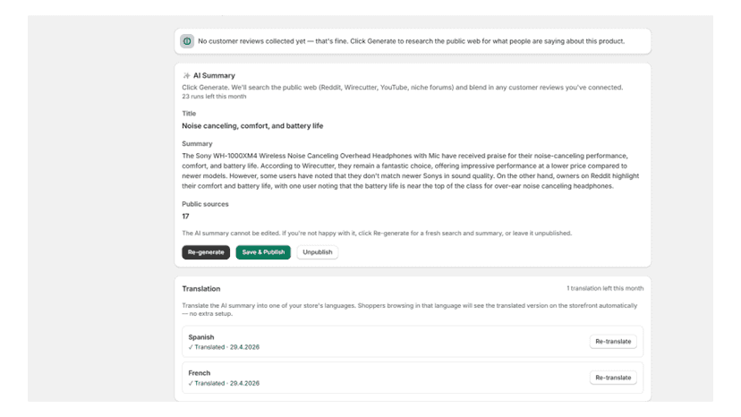 Admin product page with AI summary and translation card