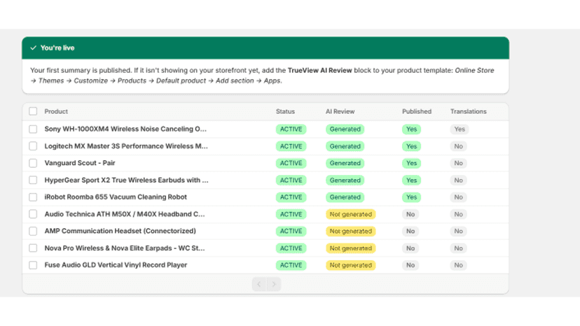 TrueView AI Reviews dashboard with product list