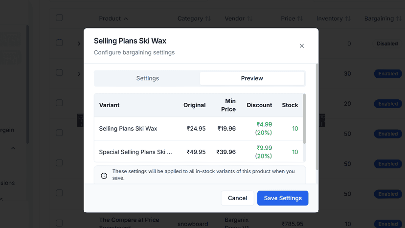 setting the min price for the varinats for bargaining