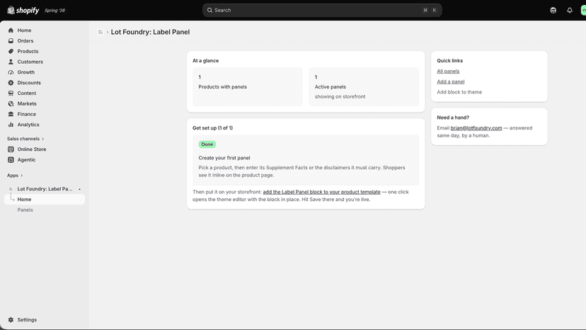 Label Panel dashboard with products and active panels