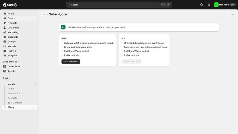 Basic and Pro subscription plans with 7-day free trial options