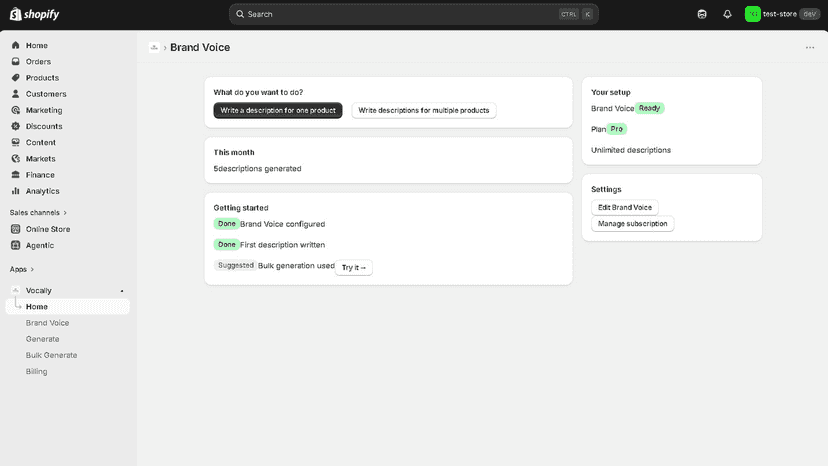 Vocally dashboard showing setup status and getting started steps
