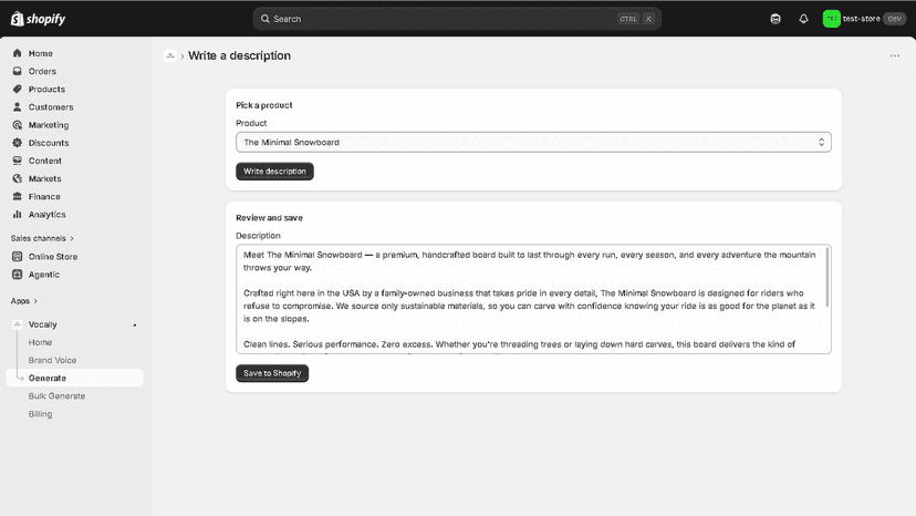 Single product description generated using saved brand voice