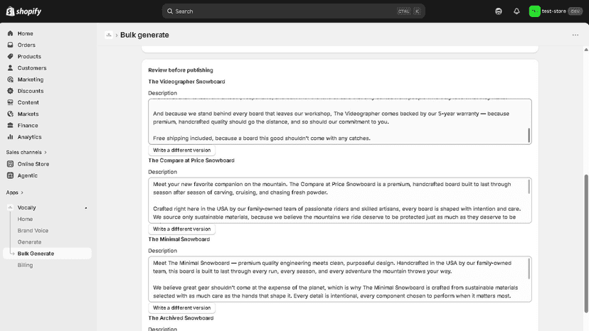 Multiple product descriptions reviewed before publishing to Shop