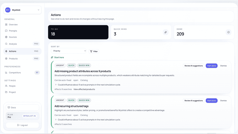 Actions queue for reviewing AI-suggested catalog fixes