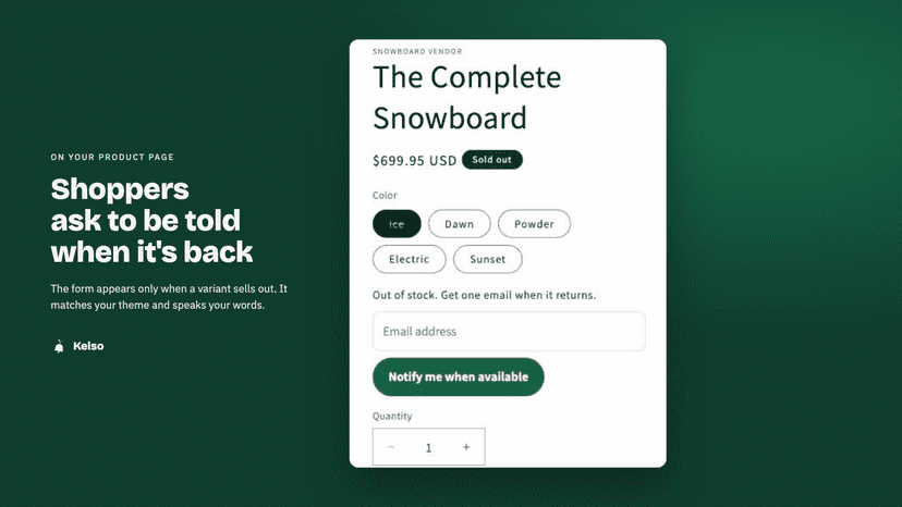 Notify me widget on a product page for an out-of-stock variant