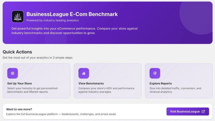Home screen with industry benchmarks and analytics quick actions
