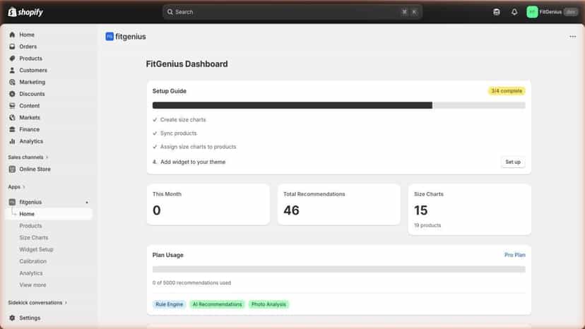 FitGenius app dashboard overview with recommendation metrics