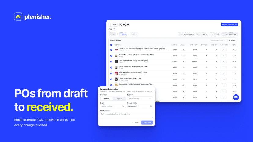 Purchase orders from draft to received with progress tracking