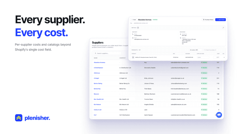 Supplier detail with per-supplier costs and product catalog